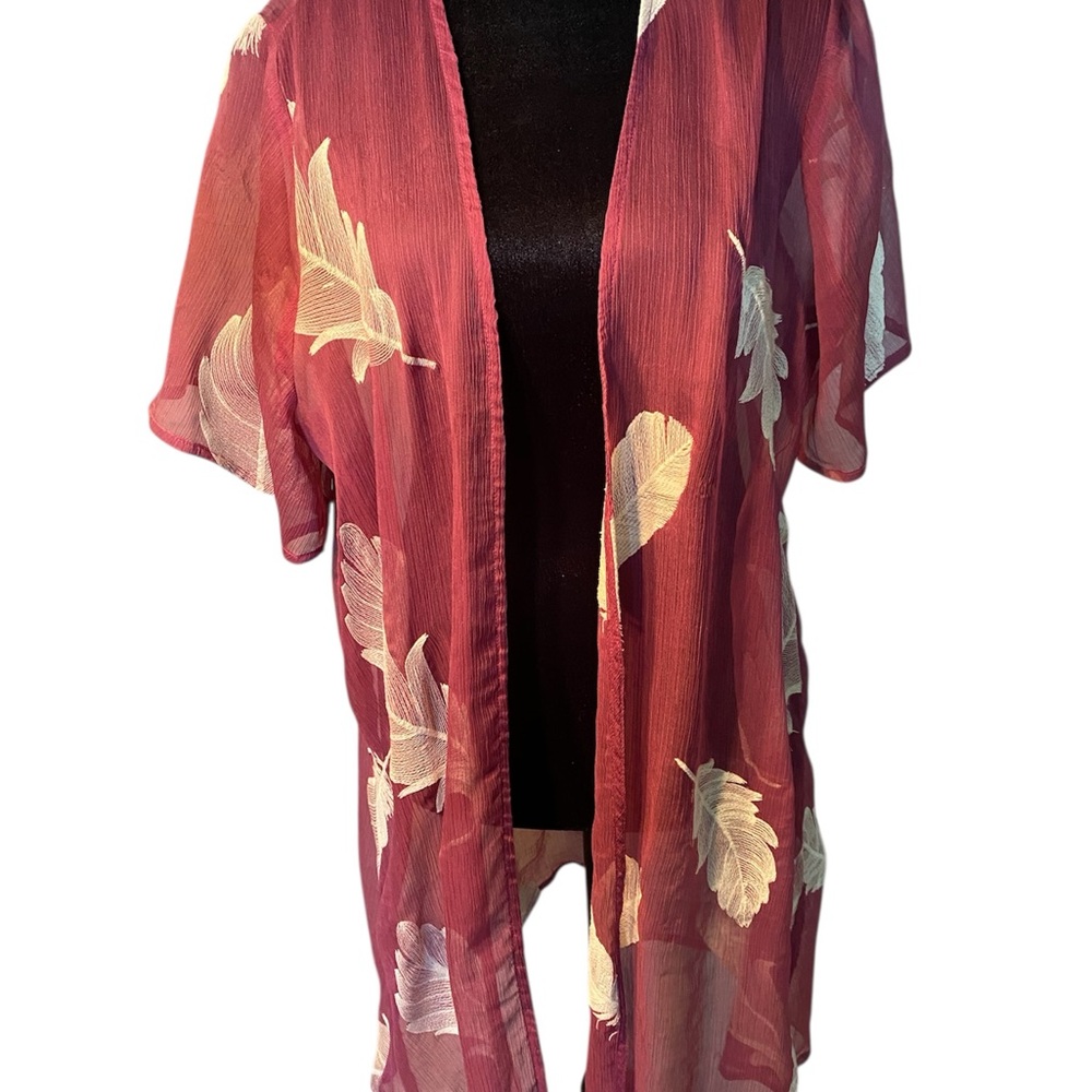 Forever 21 Sheer Red Kimono with White Leaf Print